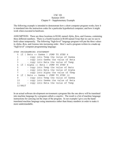 CSC 101 Summer 2010 Chapter 9 – Supplementary Example The ...