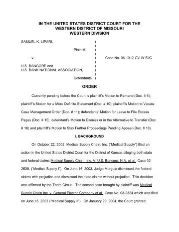 Lipari v. US Bancorp Wins Dismissal (Order) - Medical Supply Chain