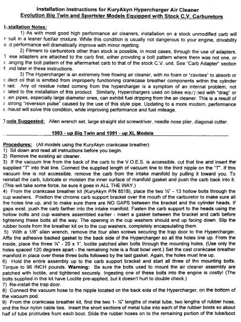 Installation Instructions for KuryAkyn Hypercharger Air Cleaner ...