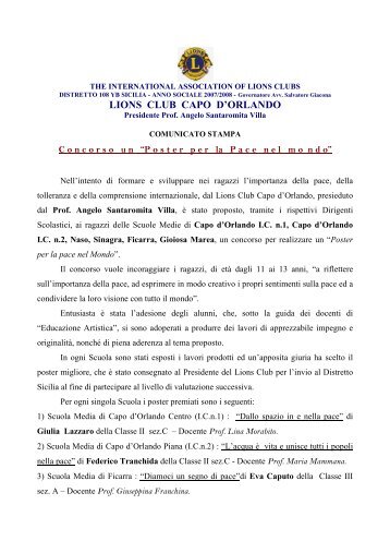 Comunicato stampa Poster per la pace1 - Lions Club Capo d'Orlando