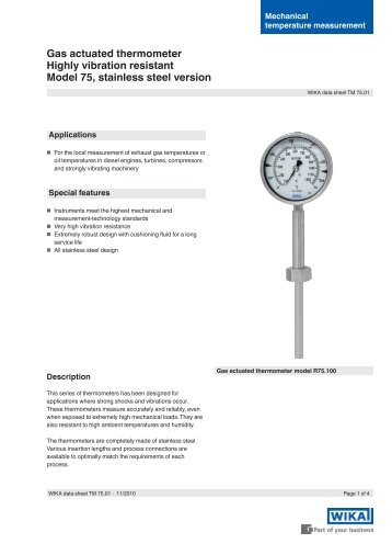 Gas actuated thermometer Highly vibration ... - BKW Instruments