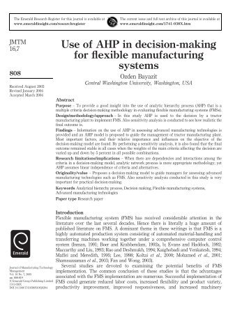 Use of AHP in  decision-making for flexible manufacturing systems