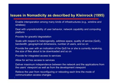 Issues in Nomadicity as described by Kleinrock (1995)