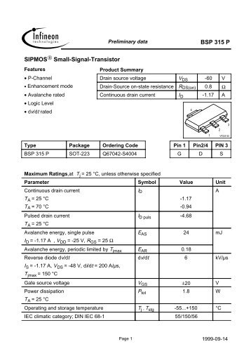 BSP 315 P SIPMOSÂ® Small-Signal-Transistor