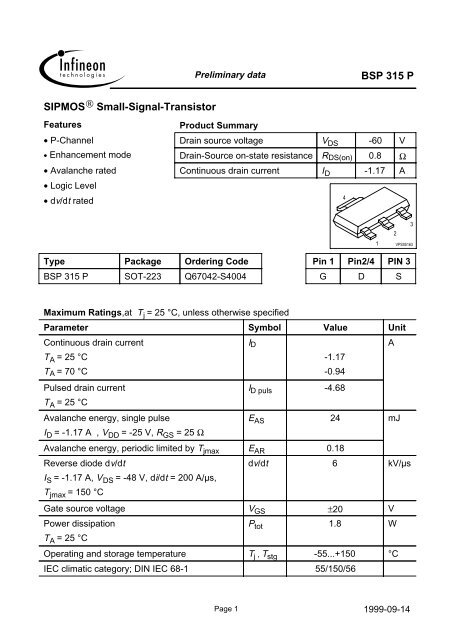 BSP 315 P SIPMOSÂ® Small-Signal-Transistor