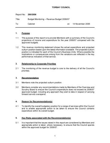 Budget Monitoring â Revenue Budget 2006/07 To - Torbay Council