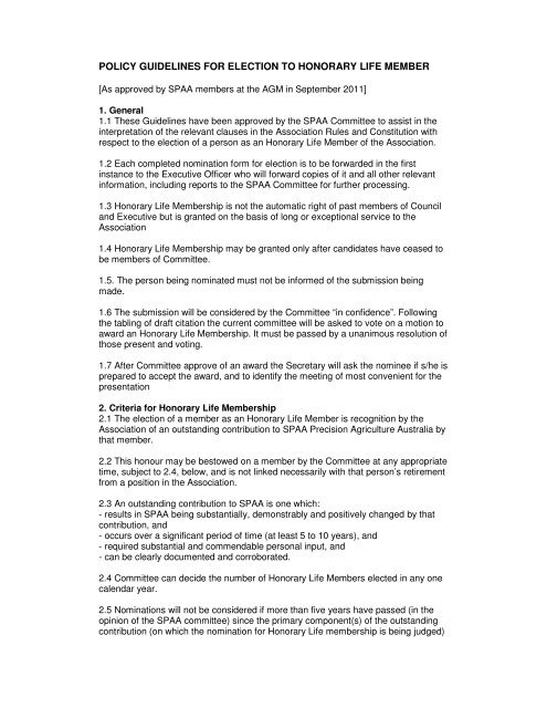 Policy Guidelines For Election To Honorary Life Member Spaa Policy Guidelines For Election To Honorary Life Member Spaa