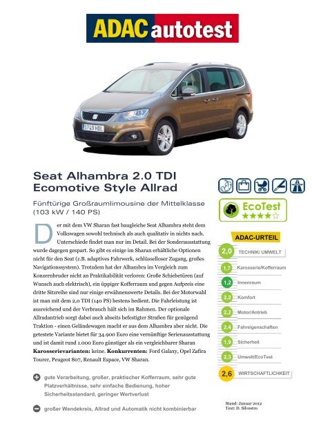 Seat Alhambra 2.0 TDI Ecomotive Style Allrad - ADAC