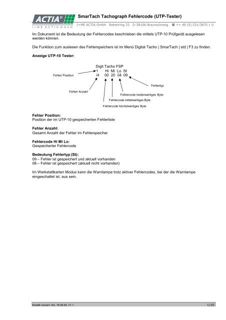 SmarTach Fehlercode UTP-10 - F+T Service