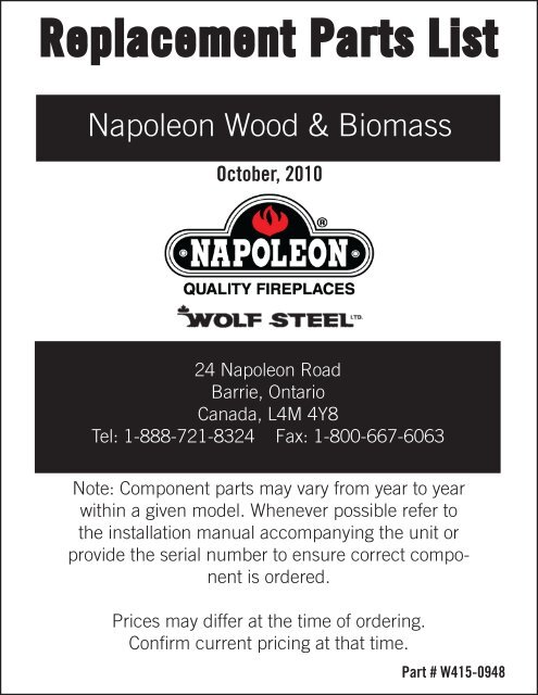 2012 Wood Napoleon Parts Pricing Hearth Products Distributing