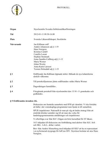 PROTOKOLL Organ StyrelsemÃ¶te Svenska ... - Infektion.net