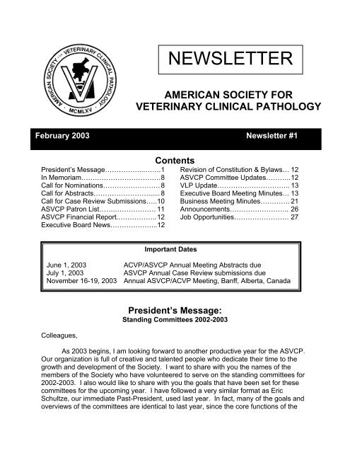 NEWSLETTER - American Society for Veterinary Clinical Pathology