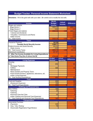 Budget Tracker: Personal Income Statement Worksheet