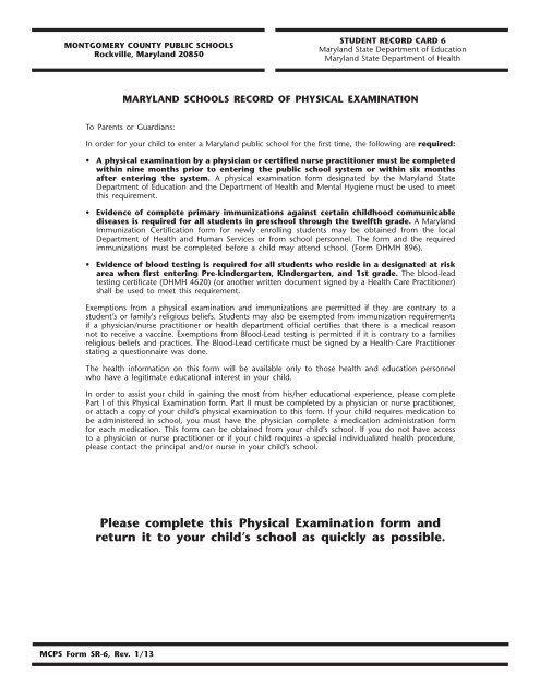 Health Inventory Form - Montgomery County Public Schools