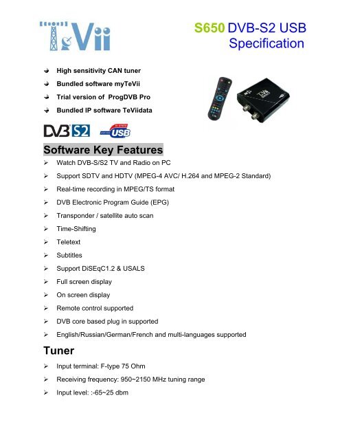 S650 DVB-S2 USB Specification - Tevii