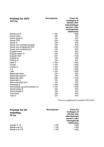 Prisliste for AVU Prisliste for Hf- enkeltfag - Herning HF og VUC