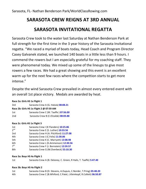 sarasota crew reigns at 3rd annual sarasota invitational regatta
