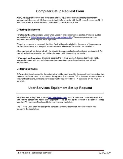 Computer Setup Request Form User Services Equipment Set-up ...