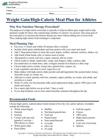 Weight Gain/High-Calorie Meal Plan for Athletes