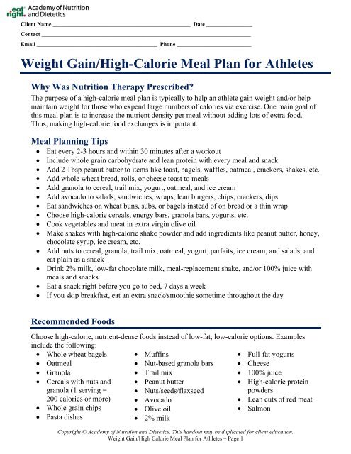 Weight Gain/High-Calorie Meal Plan for Athletes