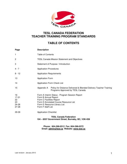 Tesl Canada Federation Teacher Training Program Standards