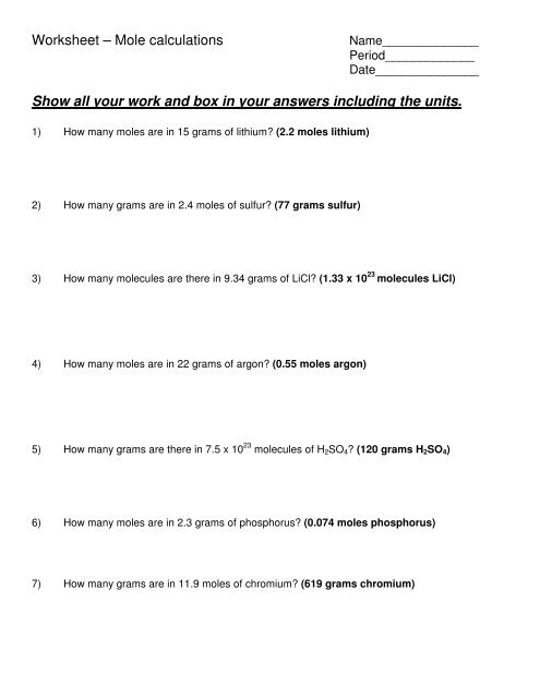 Worksheet Ã¢Â€Â“ Mole calculations Show all your work and box in your ...