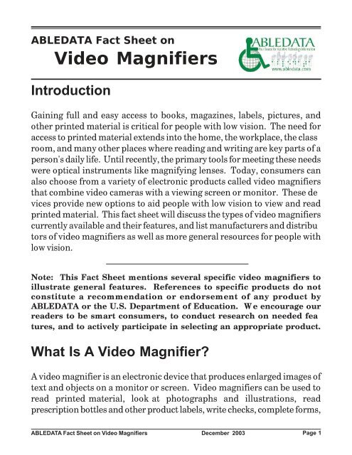 Video Magnifiers Final.PMD - AbleData