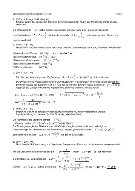 Ãbungsaufgaben zur Quantenmechanik