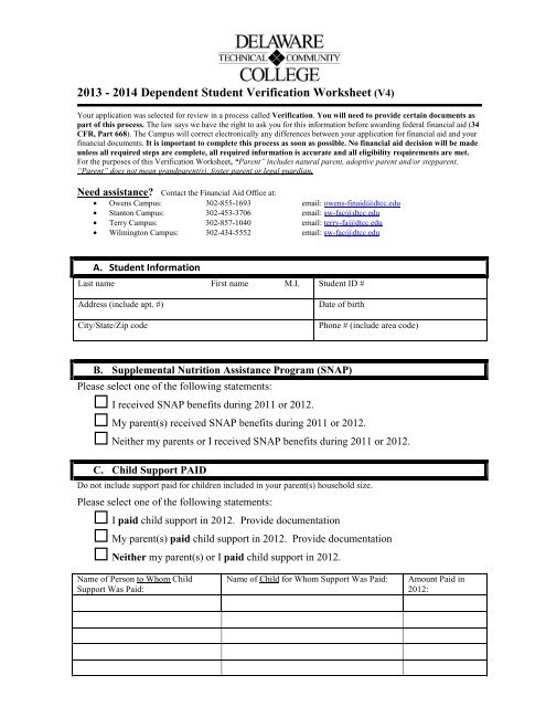 Dependent Student Verification Form V4 - Delaware Technical ...