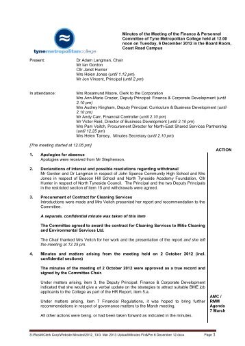 Format for Governors Meeting Minutes - Tyne Metropolitan College