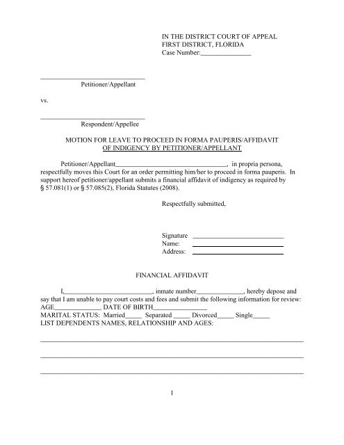 Motion For Leave To Proceed In Form Pauperis Affidavit Of Indigency