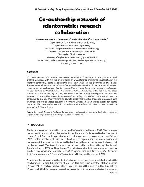 Co-authorship network of scientometrics research collaboration - E-LIS