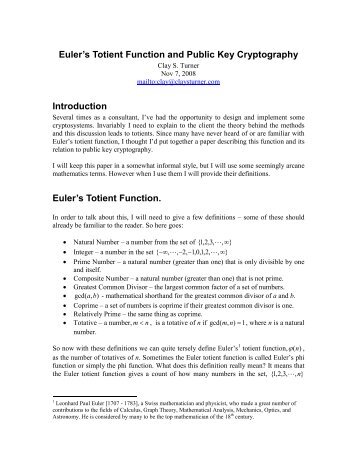 Euler's Totient Function and Public Key Cryptography Introduction ...