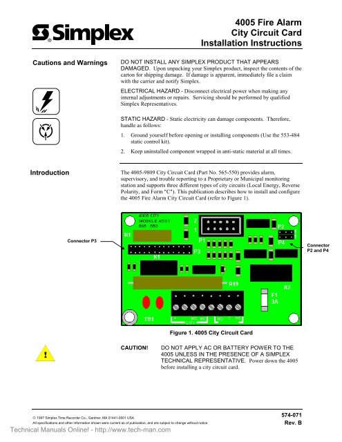 4005 Fire Alarm City Circuit Card Installation Instructions