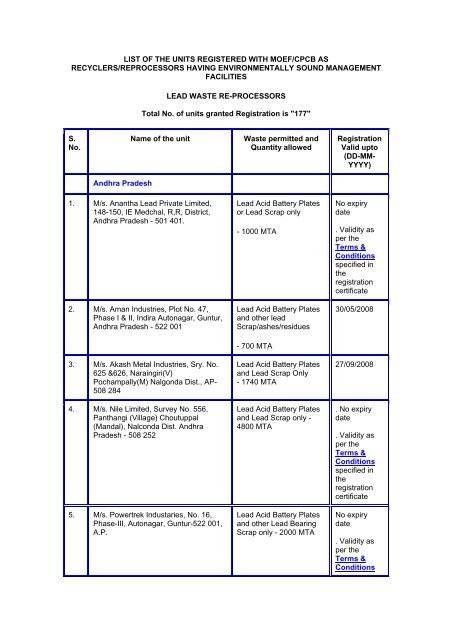 list of the units registered with moef/cpcb as recyclers/reprocessors ...