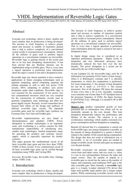 VHDL Implementation of Reversible Logic Gates - ijater