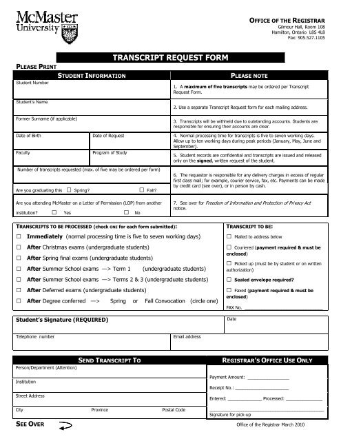 Transcript Request Form - McMaster University > Office of the ...