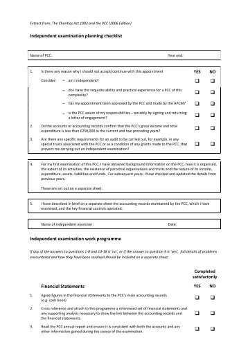 Independent Examiner's Checklist and Work Programme