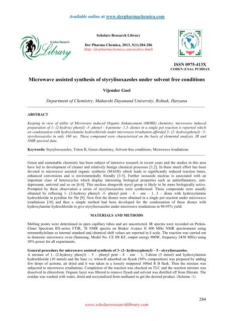 Microwave assisted synthesis of styrylisoxazoles under solvent free ...
