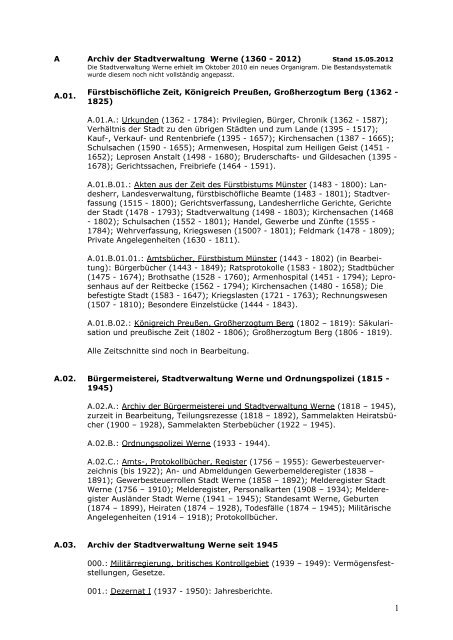 A A.01. Archiv der Stadtverwaltung Werne (1360 - 2012) - Stadt Werne