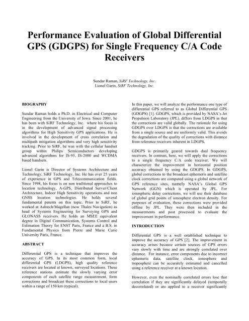 Performance Evaluation of Global Differential GPS (GDGPS) for ...