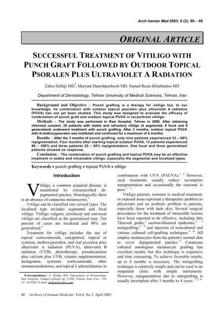 SUCCESSFUL TREATMENT OF VITILIGO WITH PUNCH GRAFT ...