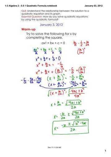 1-3 Algebra 2 - 5.5 1 Quadratic Formula.notebook