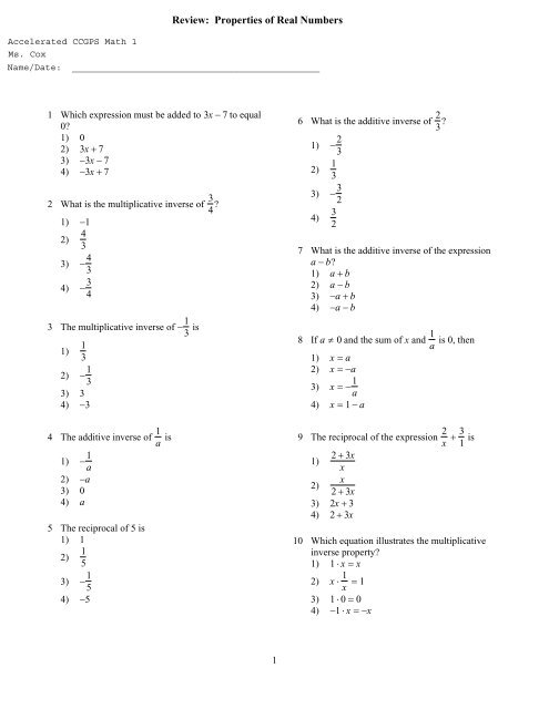 Grade 7 Properties Of Real Numbers Worksheet