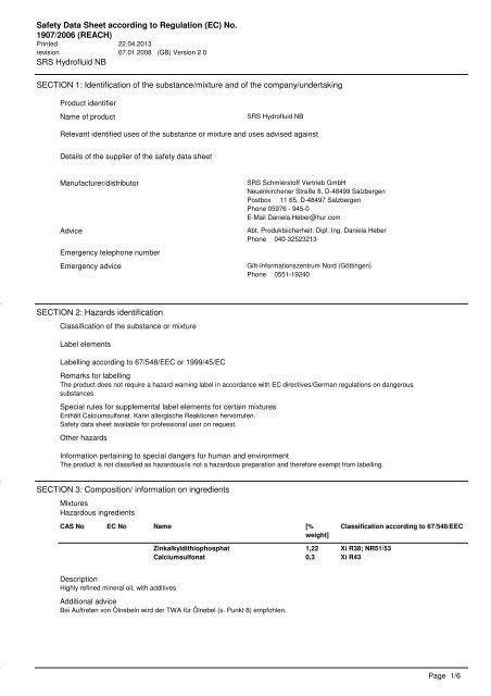 MSDS SRS Hydrofluid NB - SRS Schmierstoff Vertrieb GmbH