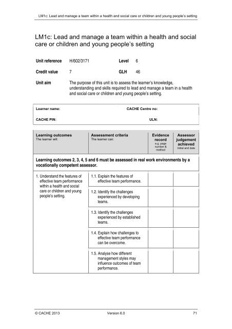 Qualification Specification - Cache