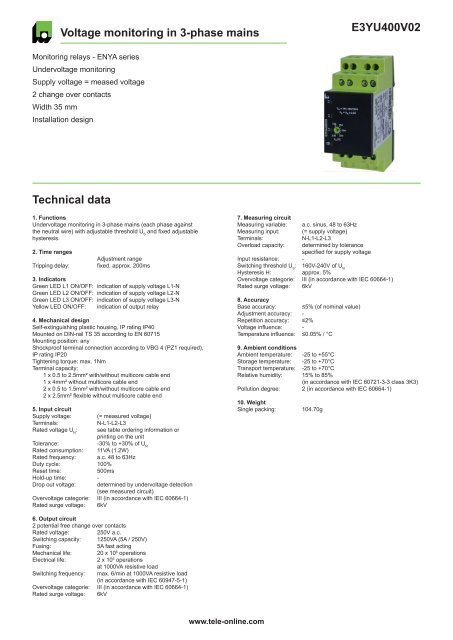 E3YU400V02 Voltage monitoring in 3-phase mains Technical data