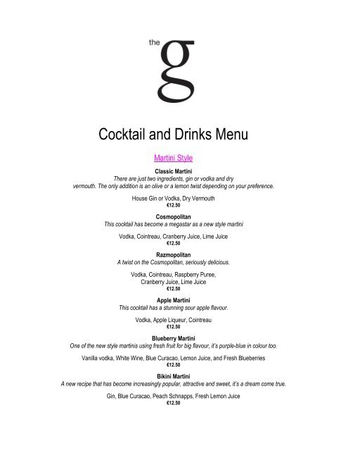 Cocktail and Drinks Menu - The G Hotel