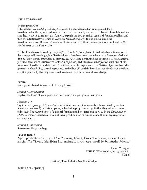 1 Due: Two-page essay Topics (Pick One) 1 ... - David W. Agler