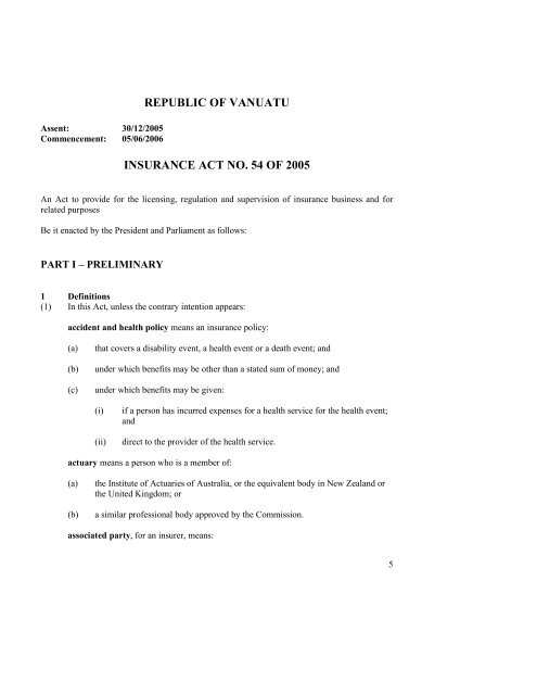 Insurance Act No.54 of 2005 - Vanuatu Financial Services ...